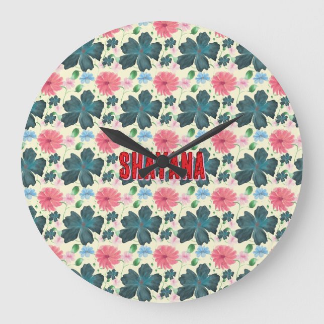 Grande Horloge Ronde Cadeau à motif floral personnalisé aquarelle (Recto)