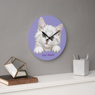 Grande Horloge Ronde Cadeau d'art de chaton personnalisé avec nom perso