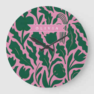 Grande Horloge Ronde Cadeau Personnalisé de Nom Floral Botanique Rose F