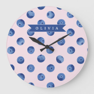 Grande Horloge Ronde Cadeau Personnalisé Jolie Aquarelle Myrtille Nom