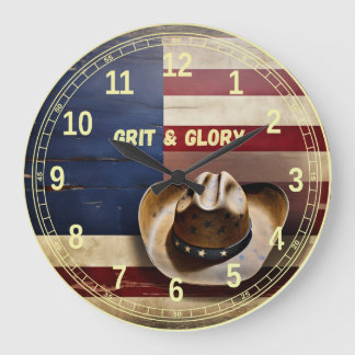 Grande Horloge Ronde Cadeau rustique patriotique "GRIT & GLORY"