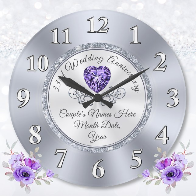 Grande Horloge Ronde Cadeau traditionnel de 33 ans, anniversaire du Mar (What is the gift for 33 years of marriage? Amethyst anniversary gift. 33 years married gift.)
