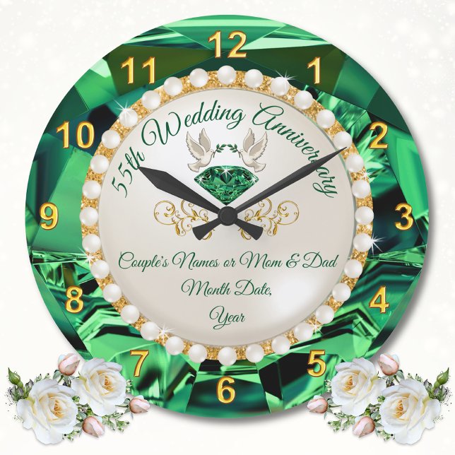 Grande Horloge Ronde Cadeaux Personnalisés, Anniversaire Mariage Emerau (Emerald Green Wall Clock. Personalised, 55th wedding anniversary gift ideas for parents. 55 year.)