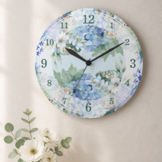 Grande Horloge Ronde Cadran mural à aquarelle florale et hortensia bleu