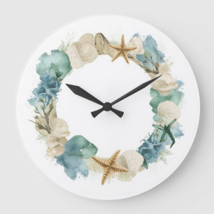 Grande Horloge Ronde Cadran mural aquarelle Coquillages côtiers