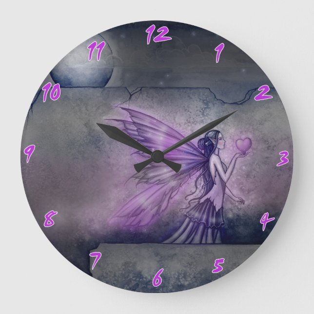 Grande Horloge Ronde Cadran mural d'art fantastique de fée violette (Recto)