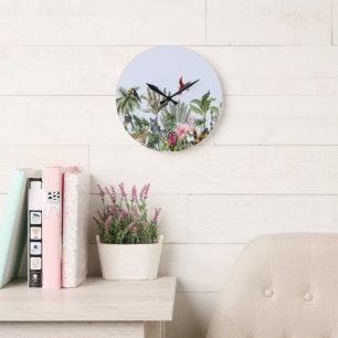 Grande Horloge Ronde Cadran mural de faune et flore avec flamant rose,