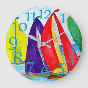 Grande Horloge Ronde Cadran mural en acrylique aux voiles colorés nauti