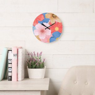 Grande Horloge Ronde Cadran mural floral botanique vibrant de printemps