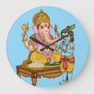 Grande Horloge Ronde Cadran mural Lord Ganesha et Krishna