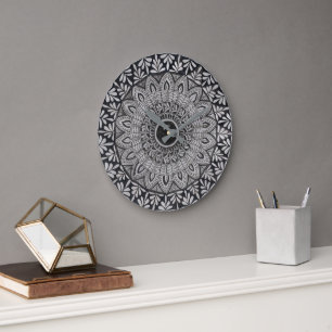 Grande Horloge Ronde Cadran mural monochrome en art mandala