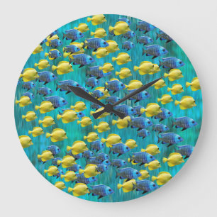 Grande Horloge Ronde Cadran mural rond de poissons bleus et jaunes