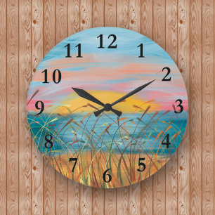 Grande Horloge Ronde Cadran mural rond peinture de la plage au coucher