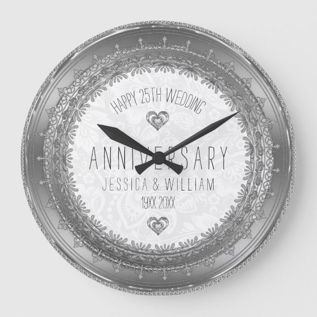 Grande Horloge Ronde Cadre en dentelle d'argent 25e anniversaire Mariag (Recto)