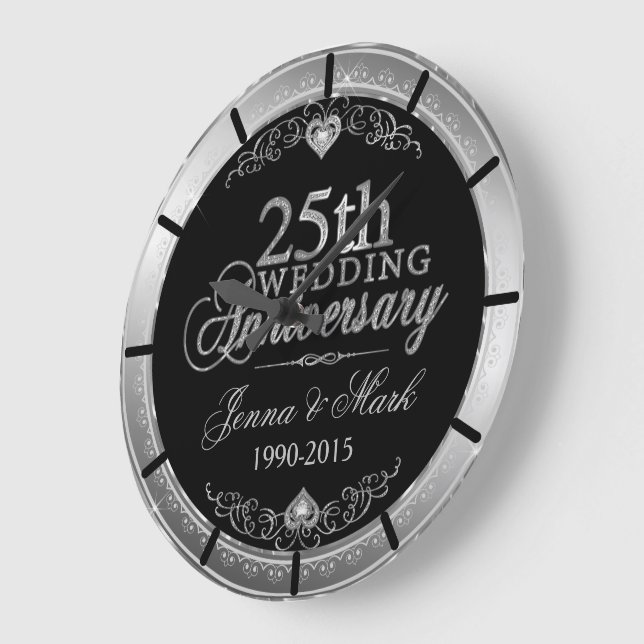 Grande Horloge Ronde Cadre et Coeurs Argent 25e anniversaire Mariage (Angle)