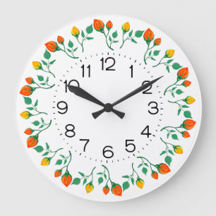 Grande Horloge Ronde Cadre rond floral avec fleur de rose jaune et roug