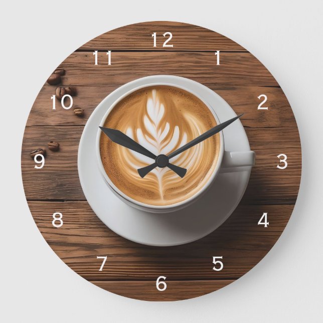 Grande Horloge Ronde Café Latte Cappuccino sur Table Art (Recto)