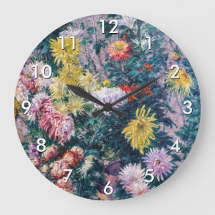 Grande Horloge Ronde Caillebotte - Chrysanthèmes blancs et jaunes