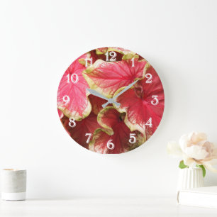 Grande Horloge Ronde Caladium rose rouillé Feuilles Floral