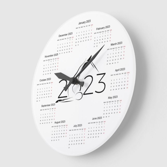 Grande Horloge Ronde Calendrier 2023 pour instructeur Pilates (Angle)