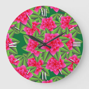 Grande Horloge Ronde Camélias rose fuchsia et feuilles vertes
