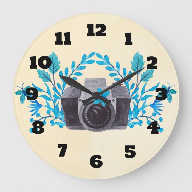 Grande Horloge Ronde Caméra Avec Feuilles Bleus Azur Et Papillons (Recto)