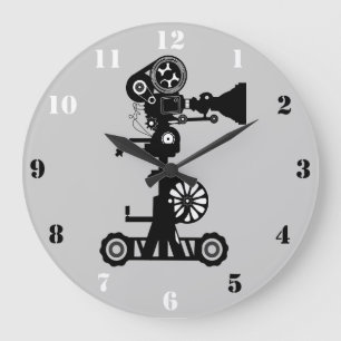 GRANDE HORLOGE RONDE CAMÉRA CINÉMA CRÉATIVE AVEC NUMÉRAUX NOIR ET BLANC
