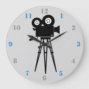 GRANDE HORLOGE RONDE CAMÉRA DE FILM ET TRIPOD AVEC NUMÉRO GRAY ET BLE