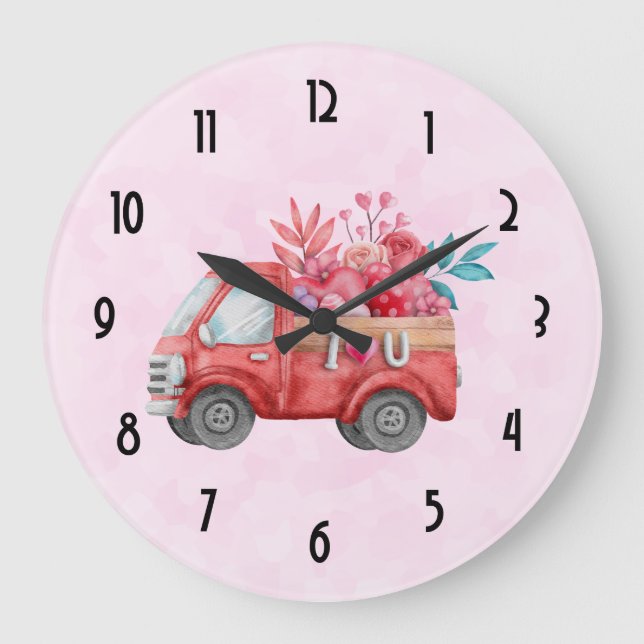 Grande Horloge Ronde Camion d'amour mignon avec Coeur Cargo Aquarelle (Recto)