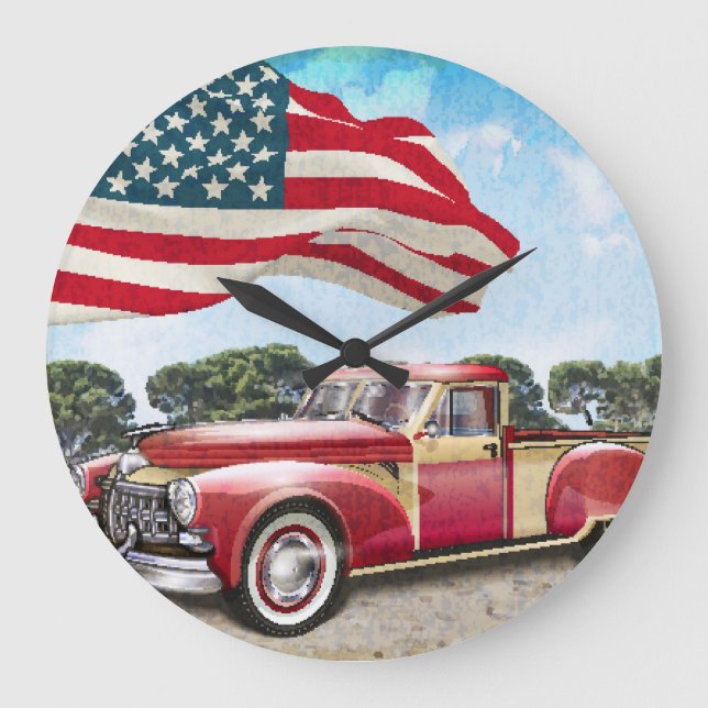 Grande Horloge Ronde Camion de ramassage rouge : Drapeau américain Vint (Recto)