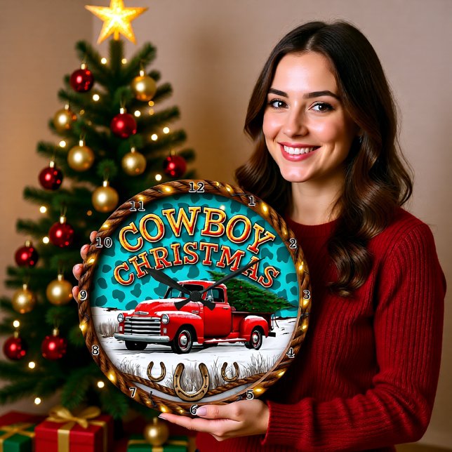 Grande Horloge Ronde Camion rouge de Noël Cowboy (Créateur téléchargé)
