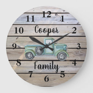 Grande Horloge Ronde Camion Vert Rustique Vintage Bois Nom de Famille