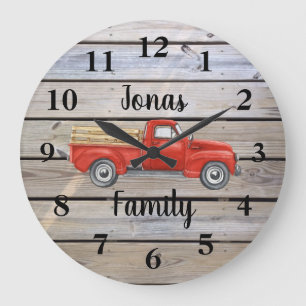 Grande Horloge Ronde Camionnette Rouge Rustique en Bois Nom de Famille