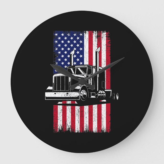 Grande Horloge Ronde Camionneur américain Drapeau Trucker (Recto)