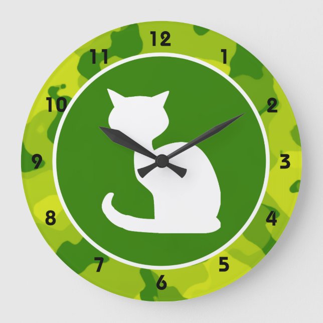 Grande Horloge Ronde Camo vert pomme ; Chat blanc (Recto)