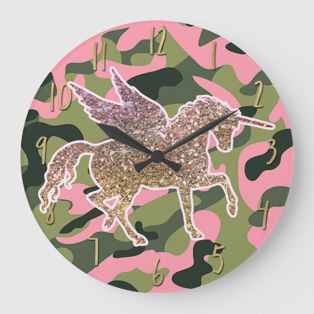 Grande Horloge Ronde Camouflage de Camo et licorne verts roses de (Recto)