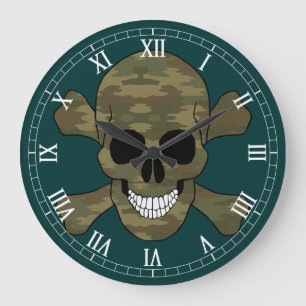Grande Horloge Ronde Camouflage Skull et Crossbone Roman Numeral Clock