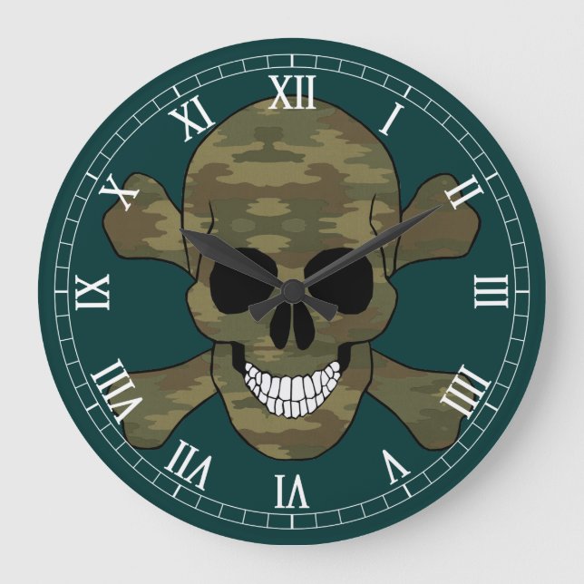 Grande Horloge Ronde Camouflage Skull et Crossbone Roman Numeral Clock (Recto)
