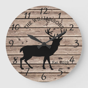 Grande Horloge Ronde Campagne rustique Bois ferme Cerf avec Antlers