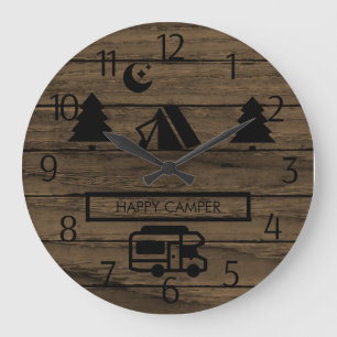 Grande Horloge Ronde Campeurs Rustic Wood Happy