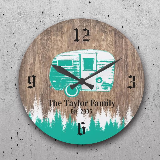 Grande Horloge Ronde Camping Trailer Happy Campers Family Nom Wooden (Créateur téléchargé)