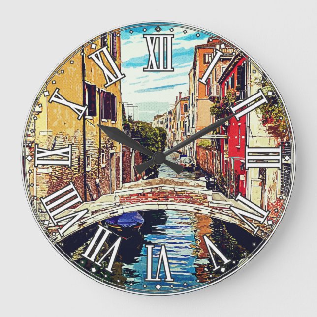 Grande Horloge Ronde Canal vénitien avec maisons et pont. Italie. (Recto)
