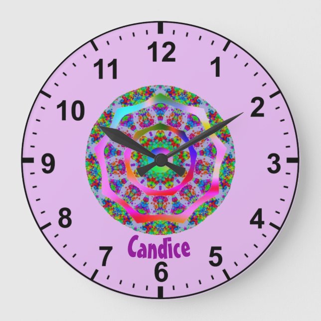 Grande Horloge Ronde CANDICE ~ Motif fractal arc-en-ciel ~ Personnalisé (Recto)