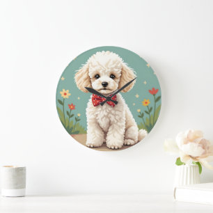 Grande Horloge Ronde Caniche blanc adorable avec noeud papillon