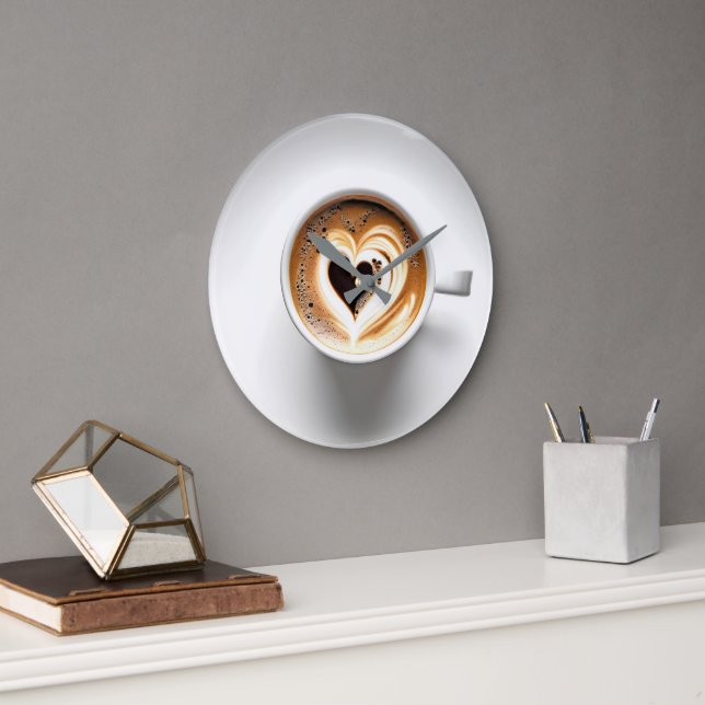 Grande Horloge Ronde Cappuccino Du Coeur En Coupe De Café Blanc (Bureau)