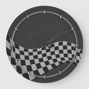Grande Horloge Ronde Carbone Fiber Style Racing Drapeau Checkers Vague