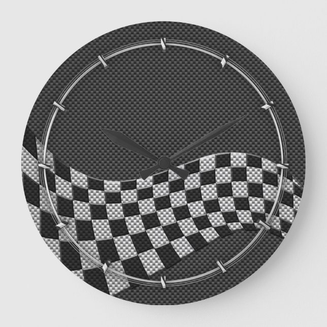 Grande Horloge Ronde Carbone Fiber Style Racing Drapeau Checkers Vague  (Recto)