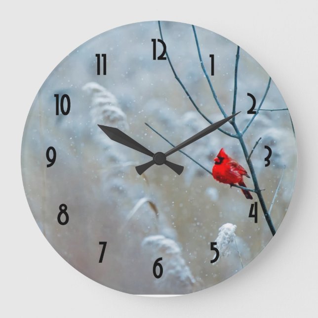 Grande Horloge Ronde Cardinal rouge en hiver Nature Noël (Recto)