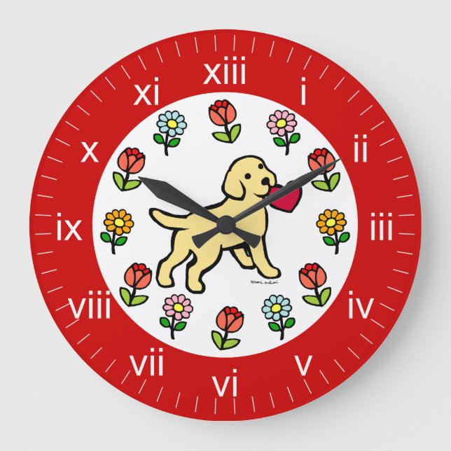 Grande Horloge Ronde Caricature du coeur du chiot du laboratoire jaune (Recto)