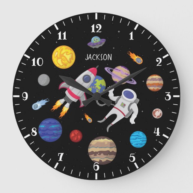 Grande Horloge Ronde Caricature du système solaire astronaute planète o (Recto)